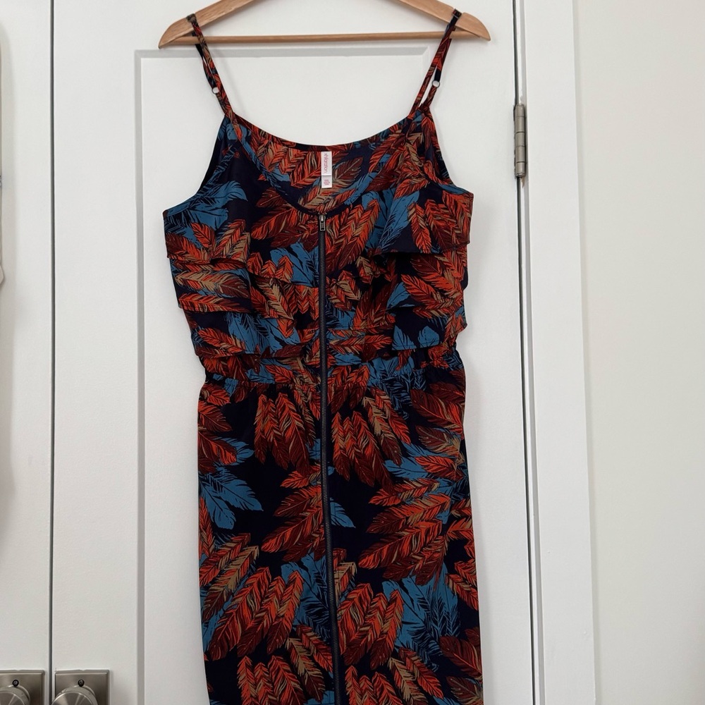 Retro Ruffle Feather Print Dress with Zipper